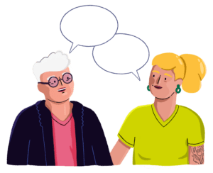 An illustration of two people talking. There are speech bubbles above them.