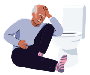 Guts UK branded character illustration of an elderly man sat down next to a toilet. He has his left arm bent, using the toilet for support, extending his hand to his forehead. His right hand is touching his stomach, on top of a blue jumper he is wearing. He has grey hair at the sides and back of his head and a grey moustache, and also wears dark navy trousers and pink and purple striped socks. He looks pained, as if he is about to vomit.