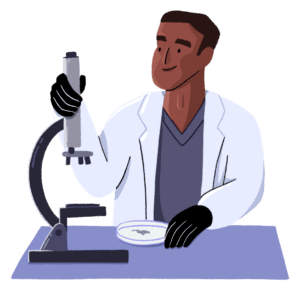 An illustration of a scientist with a microscope and a petri dish.