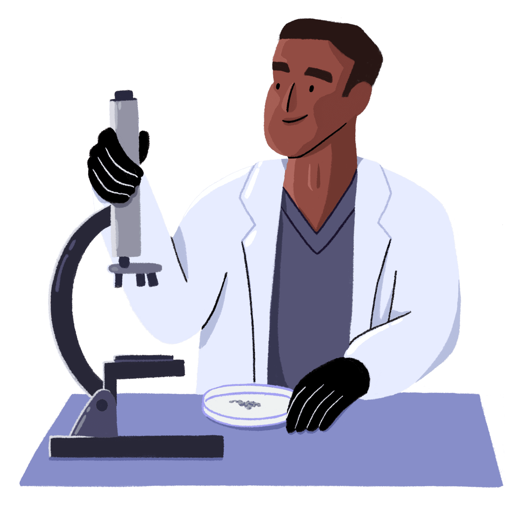 An illustration of a scientist with a microscope and a petri dish.