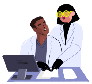 An illustration of two researchers side by side, pointing at papers on a desk, in front of a computer.