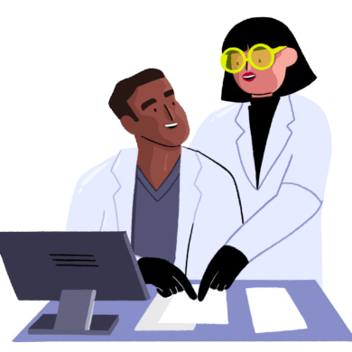 An illustration of two researchers side by side, pointing at papers on a desk, in front of a computer.