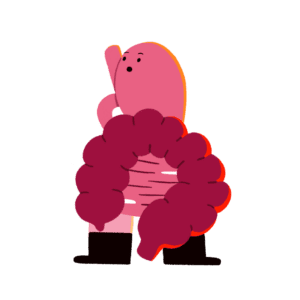 Guts UK Brand Characters of a pink gut including the oesophagus, stomach and bowel looking shocked.