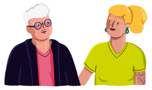 Guts UK brand characters of a male with white hair, pink shirt and black jacket with a female with blonde hair in a green shirt and an arm tattoo. They are smiling at each other.