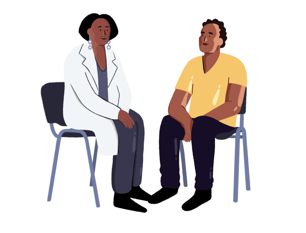 An illustration of a doctor and a patient sitting on chairs next to each other.