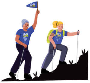 Guts UK’s brand illustration characters of a man and a woman hiking. They have walking sticks, and the man is waving a Guts UK flag, wearing Guts UK t-shirts and trousers.