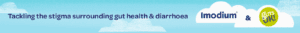 Dark blue text on a light blue background with white clouds. Text reads Tackling the stigma surrounding gut health and diarrhoea. White clouds with Imodium and Guts UK logos inside.