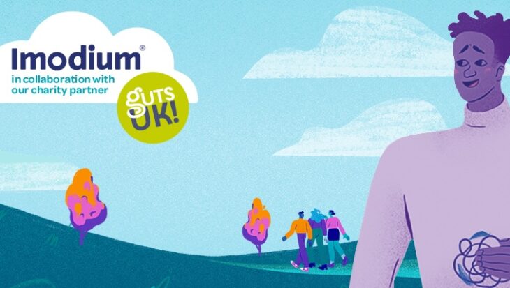 Imodium and Guts UK logos appear in a white cloud with the text 'In collaboration with our charity partner'. There is an illustration of a person holding their tummy, which has a wiggly line over it.