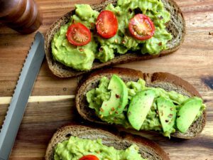 Avocado and tomato on wholemeal toast.