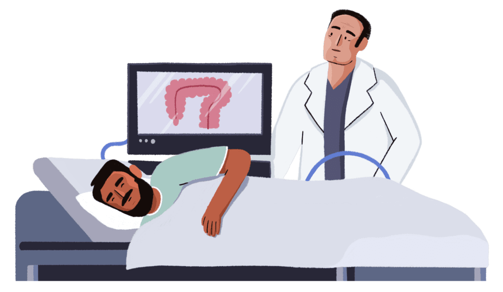 Guts UK brand character of a male patient and a male doctor. The patient is laid sideways on he bed ready for his colonoscopy.