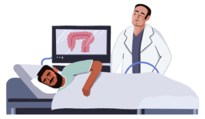 Guts UK brand character of a male patient and a male doctor. The patient is laid sideways on he bed ready for his colonoscopy.