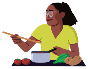 Guts UK brand character of a woman smiling and holding a saucepan with tomatoes and leafy greens beside her.