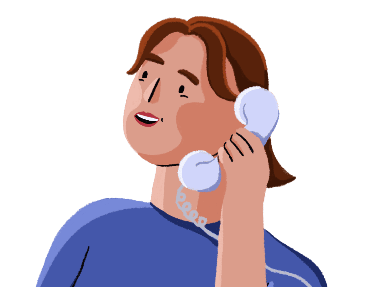 An illustration of a women wearing a blue Guts UK Charity branded t-shirt. She is holding a telephone to her hear.