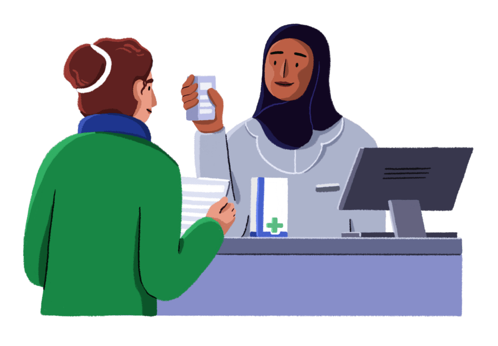 Guts UK branded character of a female asking a female pharmacist who is wearing a black hijab standing in front of he counter for her prescription.