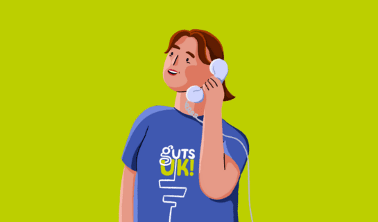 Guts UK illustrated character of a person wearing a Guts UK branded t-shirt who is talking to someone on the telephone.