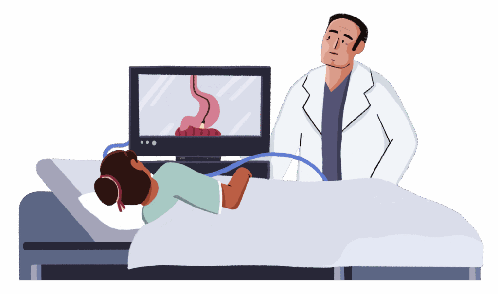 An illustration of a doctor performing a colonoscopy on a patient. The patient is lying on a bed, on their side, facing the doctor. A bedsheet is covering them. There is a screen showing their gut.