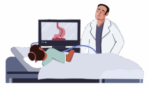 An illustration of a doctor performing a colonoscopy on a patient. The patient is lying on a bed, on their side, facing the doctor. A bedsheet is covering them. There is a screen showing their gut.
