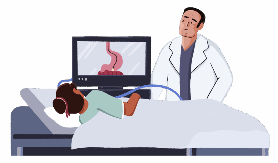 An illustration of a doctor performing a colonoscopy on a patient. The patient is lying on a bed, on their side, facing the doctor. A bedsheet is covering them. There is a screen showing their gut.