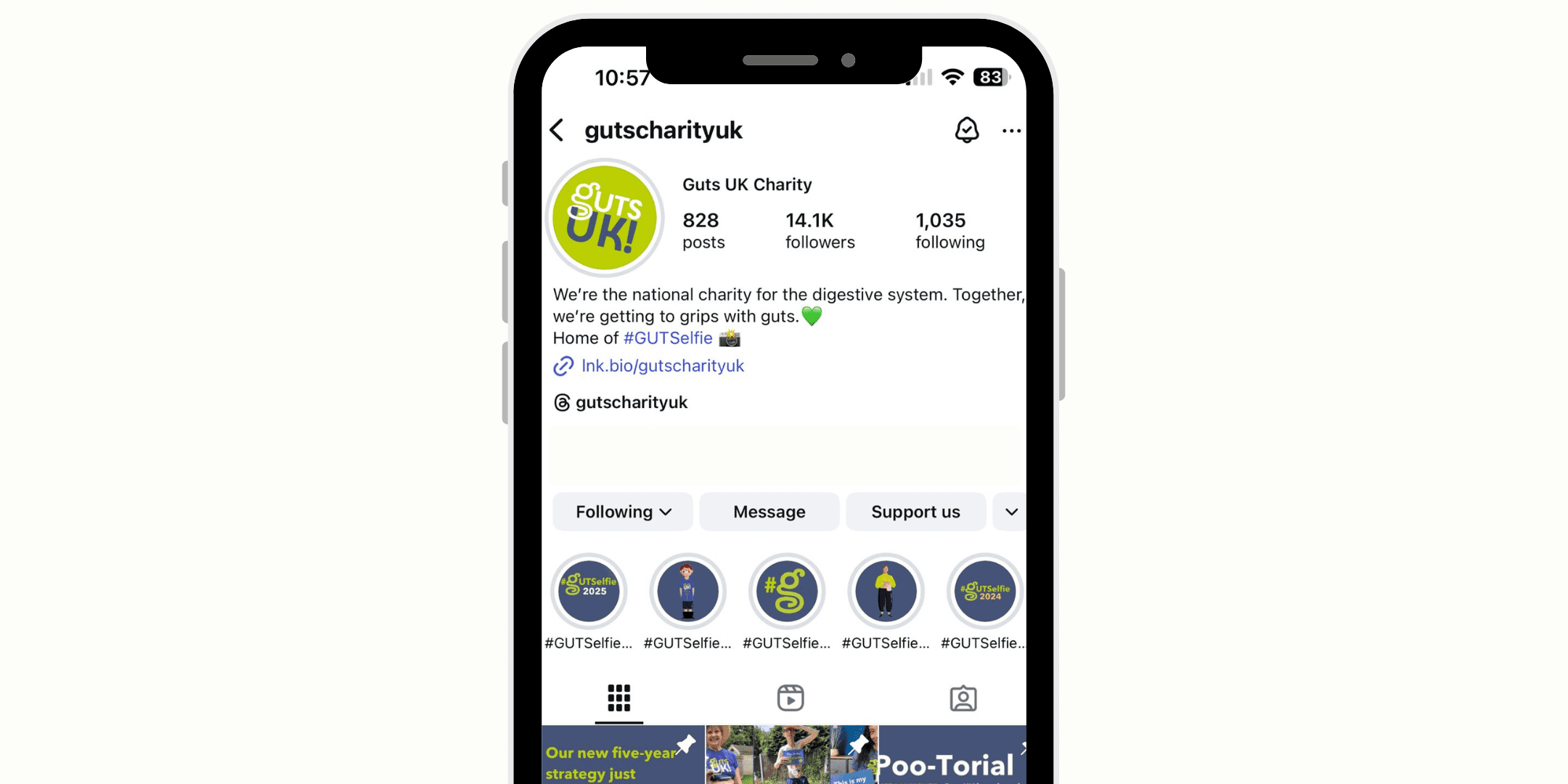 An iPhone mock up of Guts UK Charity's instagram profile