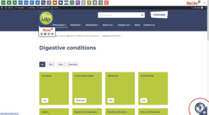 A screenshot of the digestive conditions page on Guts UK's website, with a red circle around the ReciteMe accessibility icon button. The ReciteMe features are visible as a bar across the top of the screen.