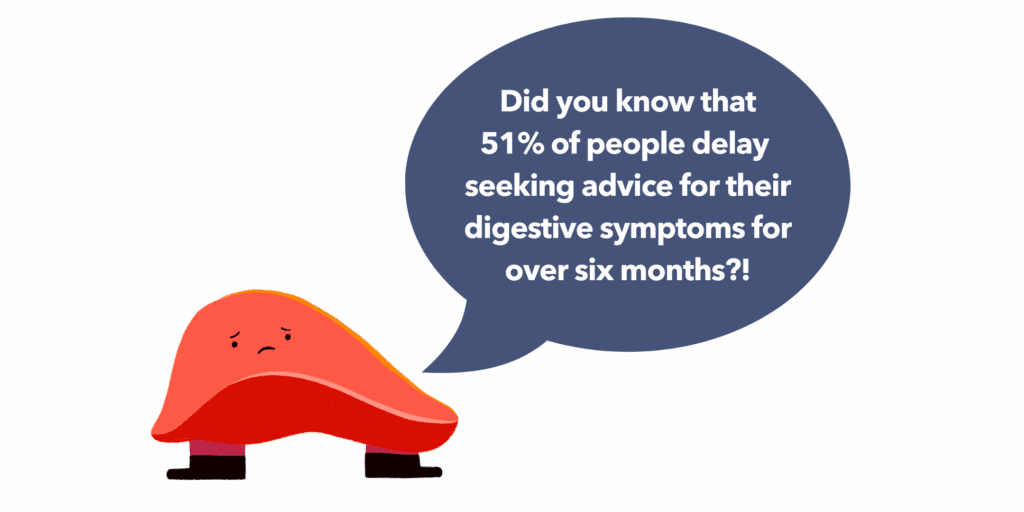 Guts UK's brand illustration character of the liver with a sad expression. The liver is red and wears black boots. There is a speech bubble which reads "Did you know that 51% of people delay seeking advice for their digestive symptoms for over six months?!"
