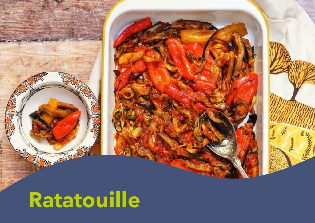 A picture of a tray of ratatouille, with the text 'Ratatouille'.