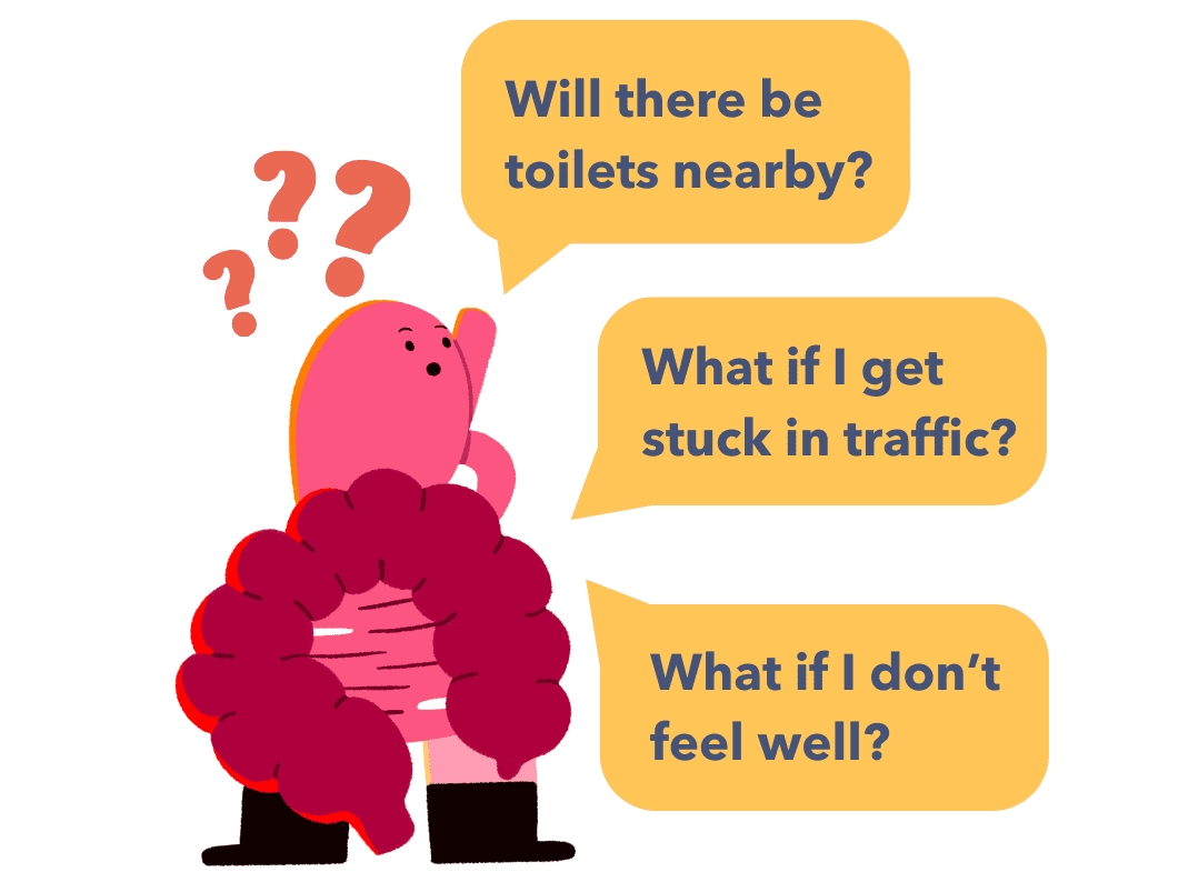 Guts UK's brand character illustration of the gut, pointing upwards, asking questions "will there be toilets nearby?", "what if I get stuck in traffic?" and "what if I don't feel well?"