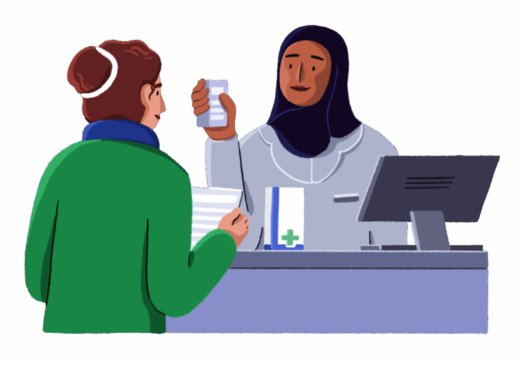Guts UK’s brand cartoon characters of a woman collecting a prescription from a woman pharmacist.