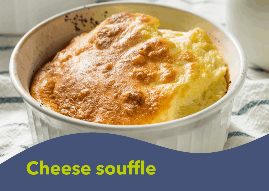 An image of a cheese souffle, with the text 'cheese souffle' overlaid.