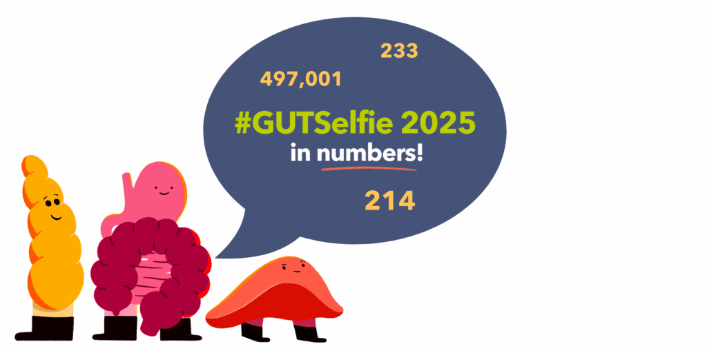 Guts UK's brand character illustrations of a yellow pancreas wearing black boots, a pink gut wearing black boots and a red liver wearing black boots, are stood side by side, looking up at a speech bubble. It reads '#GUTSelfie 2025 in numbers' and contains the numbers 497,001, 233 and 214.