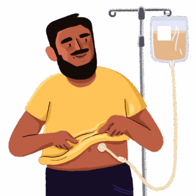 Guts UK’s brand illustration character of a man standing, holding up the bottom of his yellow t-shirt to show a tube going into his tummy, connected to a medical drip. He is also wearing black trousers and boots.