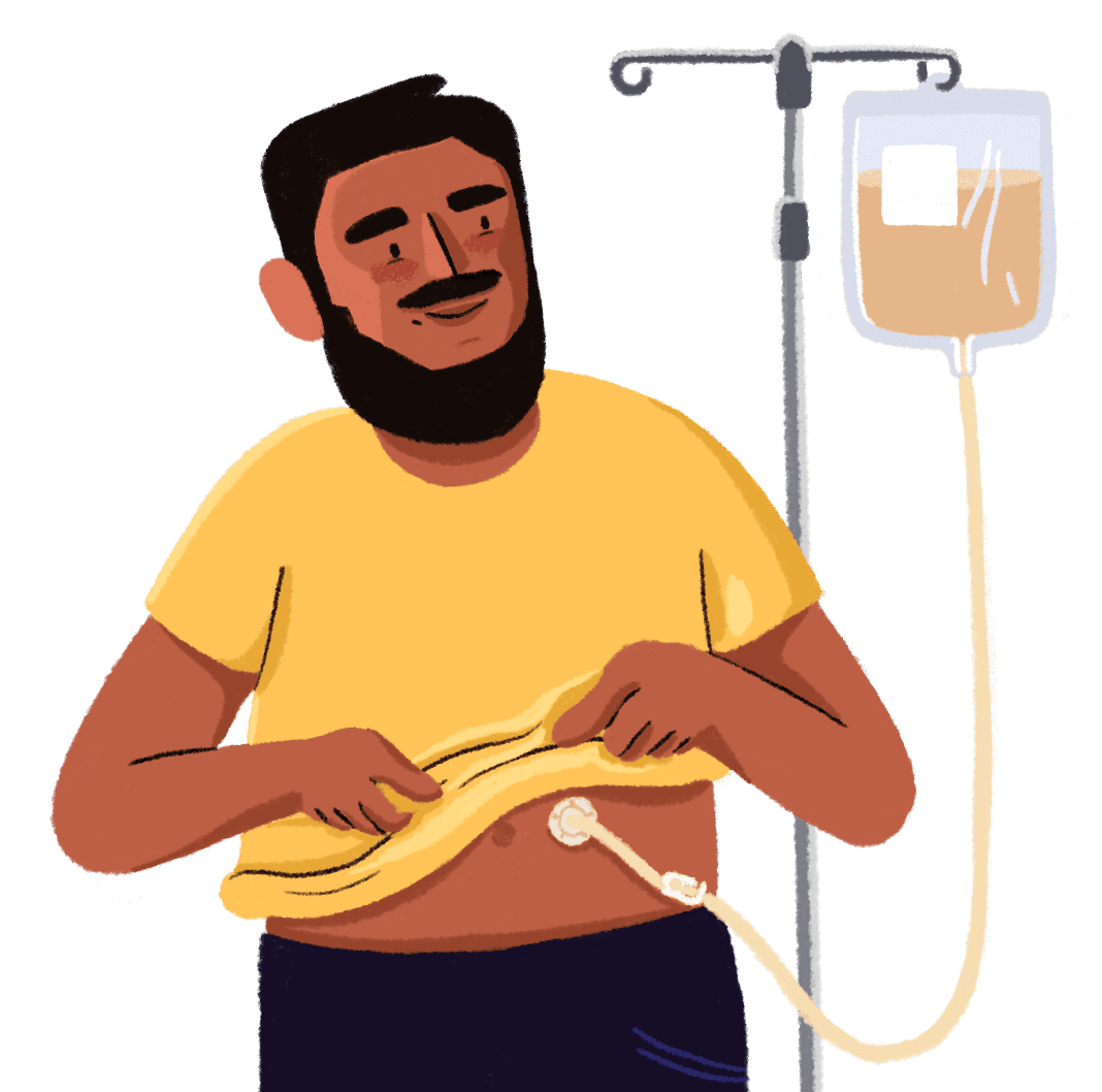 Guts UK’s brand illustration character of a man standing, holding up the bottom of his yellow t-shirt to show a tube going into his tummy, connected to a medical drip. He is also wearing black trousers and boots.
