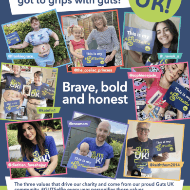 Front cover of Guts UK Spring Summer magazine with collage of photographs and the words Brave, Bold and Honest in the middle.