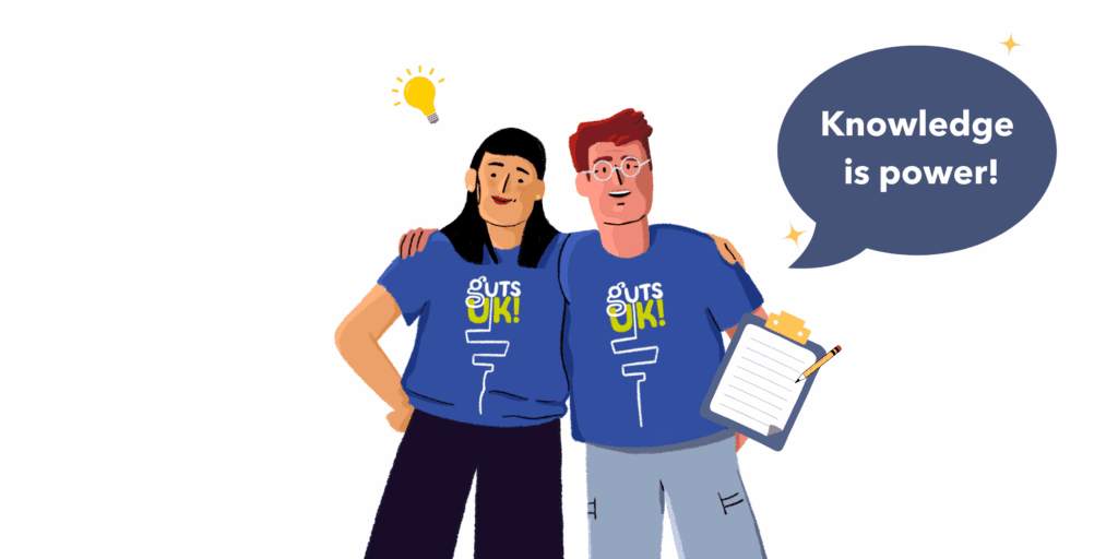 Guts UK brand character illustrations of a woman and a man from the Guts UK team, stood with an arm around one another, smiling at the camera. They wear blue Guts UK T-shirts, denim and black trousers and black boots. They are equipped with various learning materials such as a pencil and notepad, and a lightbulb idea graphic. There is a speech bubble which says "knowledge is power!"