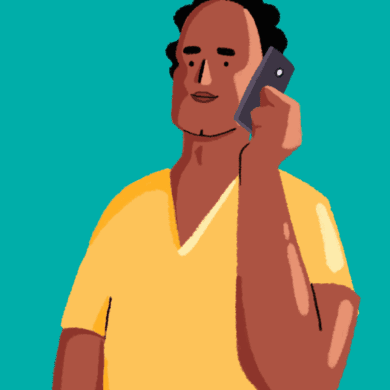 Guts UK brand illustration of a man holding up a mobile to his ear.