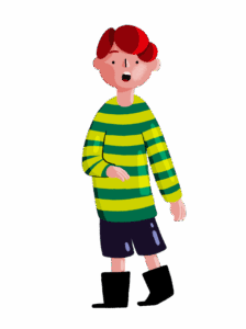 An illustration of a boy with red hair, wearing a striped green top and blue shorts. He is holding his hand over his tummy.