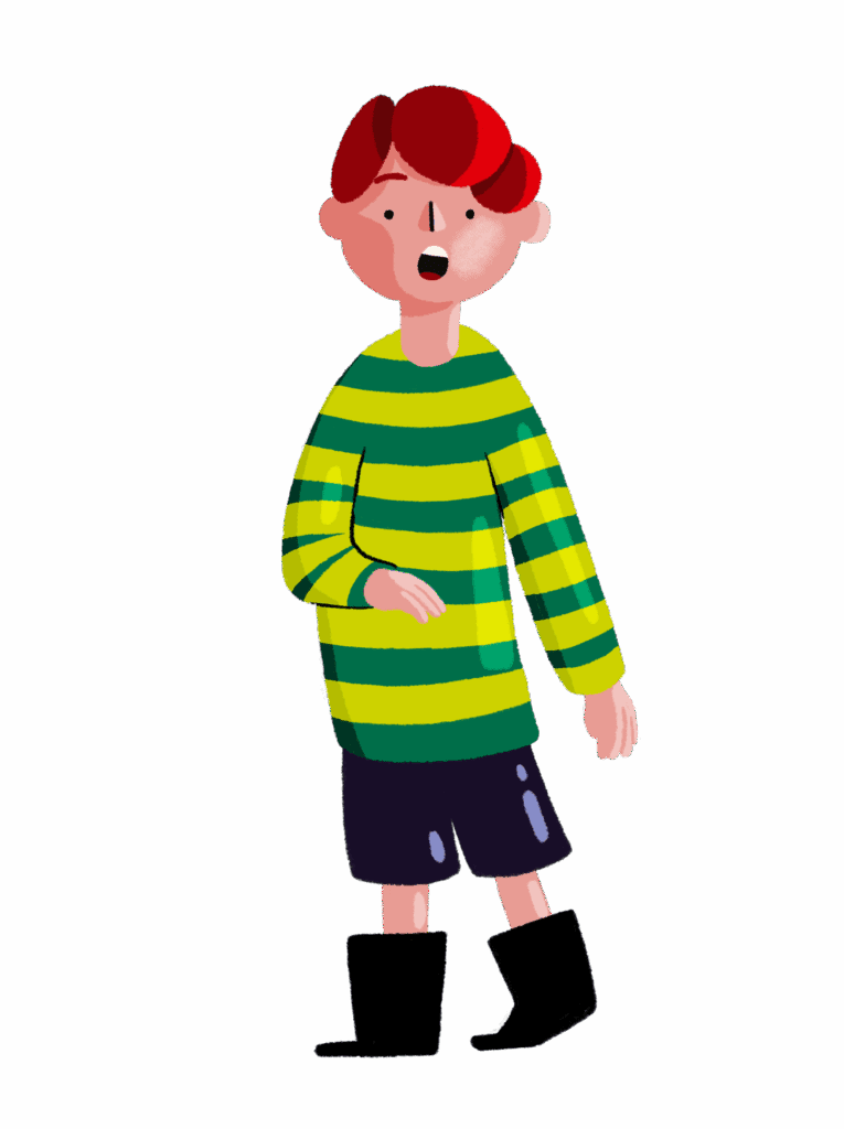 An illustration of a boy with red hair, wearing a striped green top and blue shorts. He is holding his hand over his tummy.