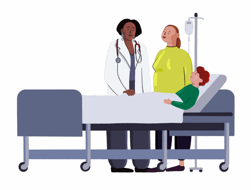 A doctor and a parent stand next to a hospital bed, where a boy is lying down.