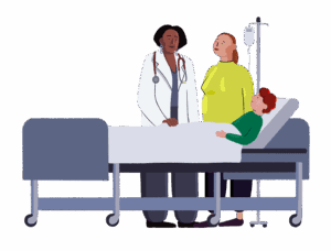 A doctor and a parent stand next to a hospital bed, where a boy is lying down. 