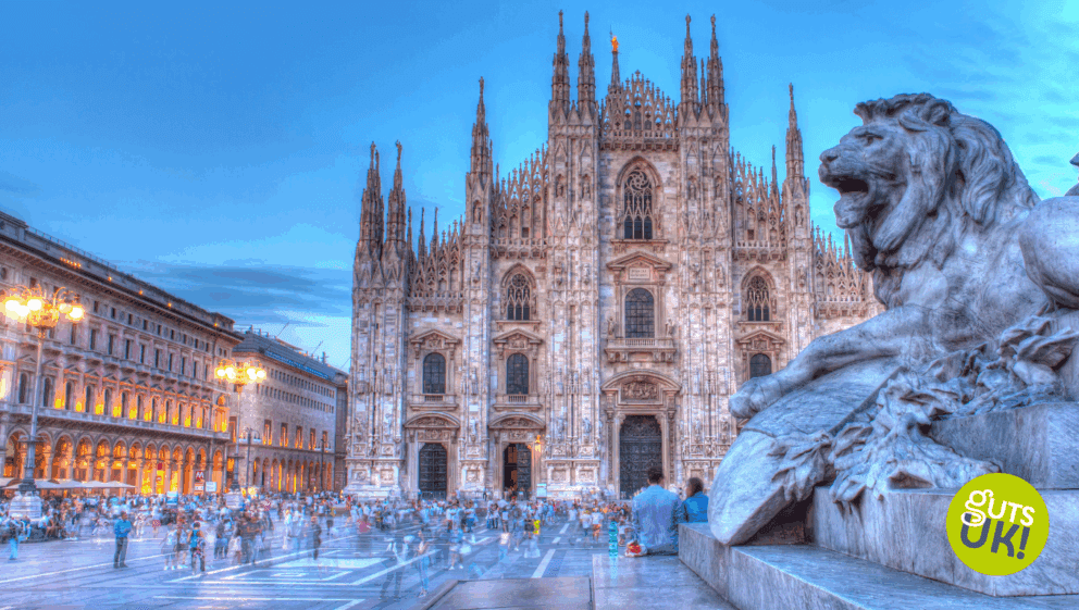 A front facing shot of the famous Piazza del Duomo in Milan.