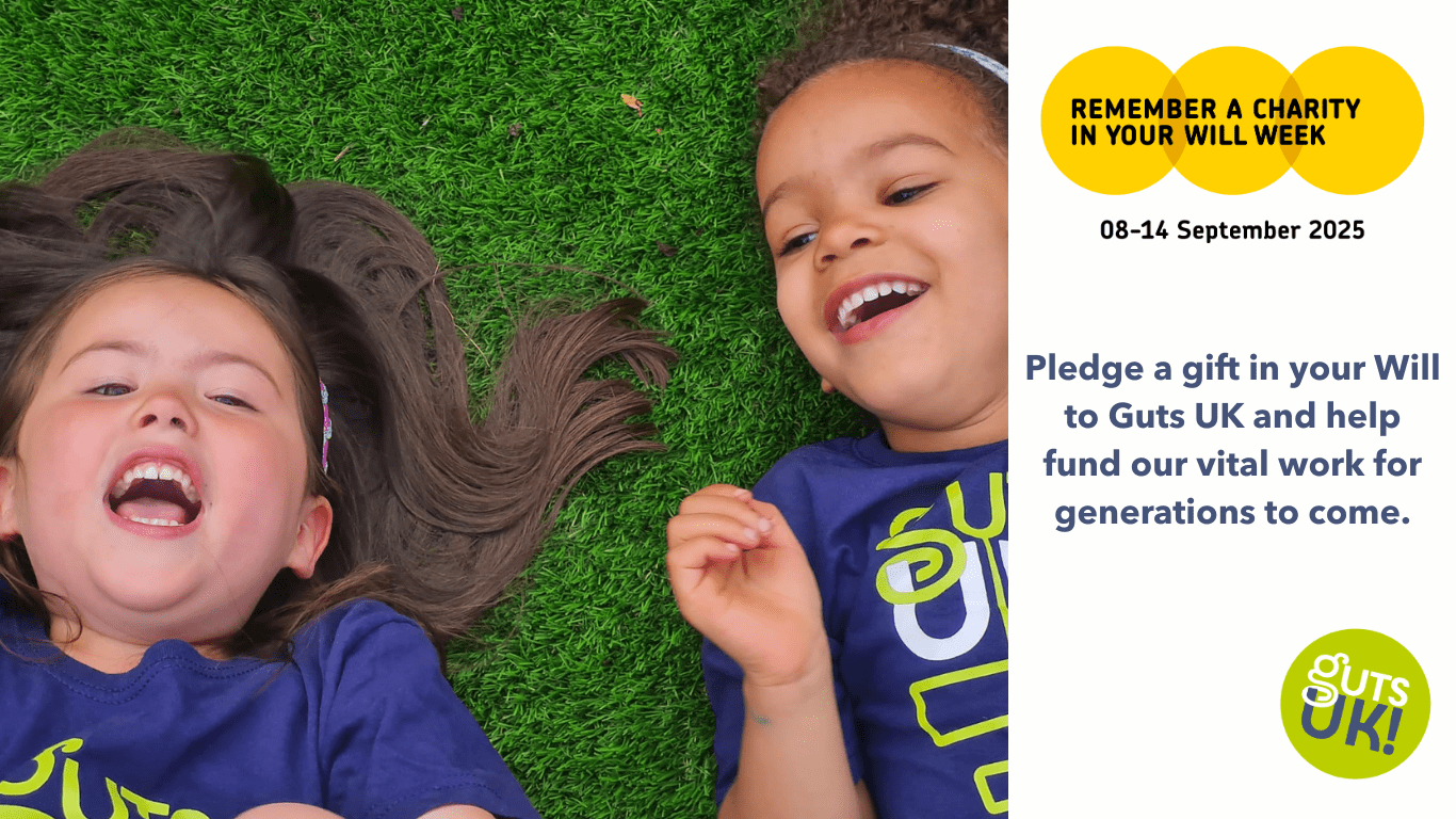Grace and Alia lie side by side on green grass, laughing together in matching Guts UK t-shirts. The Remember a Charity in Your Will Week logo features next to the image with the text 'Pledge a gift in your Will to Guts UK to help fund our vital work for generations to come.' Below the text is the Guts UK logo. 