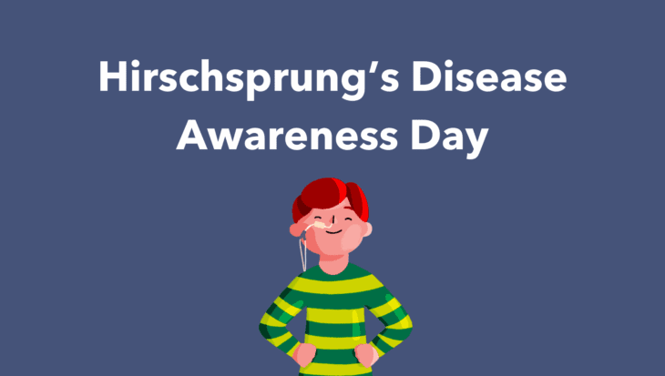 An illustration of a red haired boy wearing a striped green top. He has a feeding tube going into his nose. The illustration sits on a blue background with white text that reads: Hirschsprung's Disease Awareness Day.