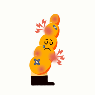 Guts UK's brand illustration character of Pablo the pancreas with eyes closed, with a fed-up expression. The pancreas is yellow and wears black boots. There is a tear falling from his eye, and red patches of radiating pain on his body, with thunder bolts coming out to represent pain. He also has a few navy plasters on.