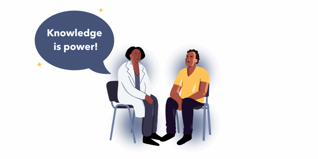 Guts UK's brand illustration characters of a female doctor and male patient sat talking. A navy speech bubble is to the left of the doctor and reads 'Knowledge is power!'