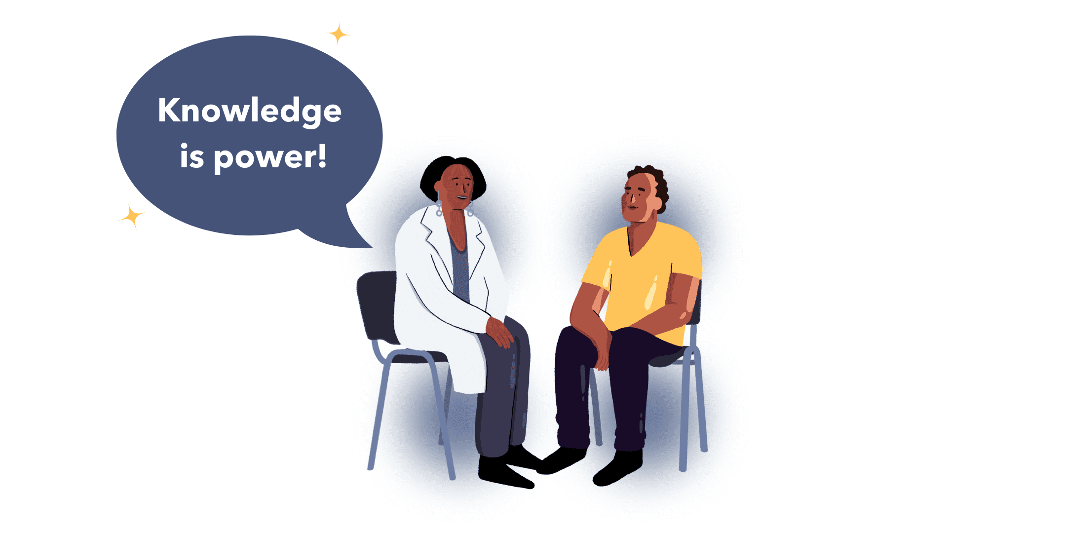 Guts UK's brand illustration characters of a female doctor and male patient sat talking. A navy speech bubble is to the left of the doctor and reads 'Knowledge is power!'