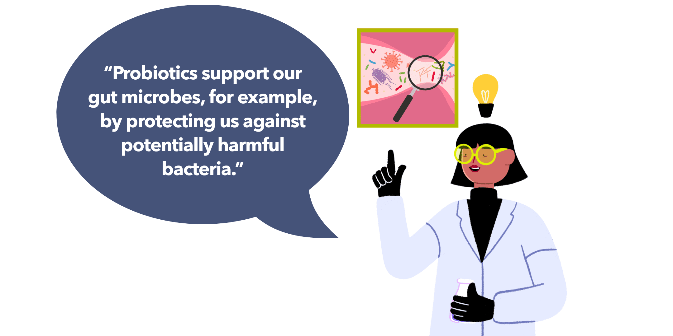 Guts UK's brand illustration character of a female researcher with a light bulb above her head. A speech bubble reads "Probiotics support our gut microbes, for example, by protecting us against potentially harmful bacteria." There is a green square frame, with a microscopic cartoon of the gut lining and bacteria between the researcher and speech bubble.