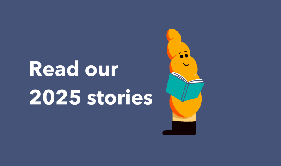 Guts UK's brand illustration character of Pablo the pancreas smiling and looking up right. The pancreas is yellow and wears black boots and holds an open book with a teal cover. Text to the left reads 'Read our 2025 stories'.