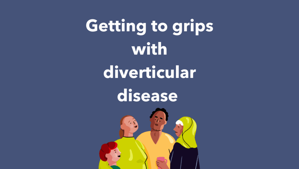 The title reads 'Getting to grips with diverticular disease' against a blue background. Beneath the text if a cartoon graphic of 4 people - one child and three adults with their arms around each other.