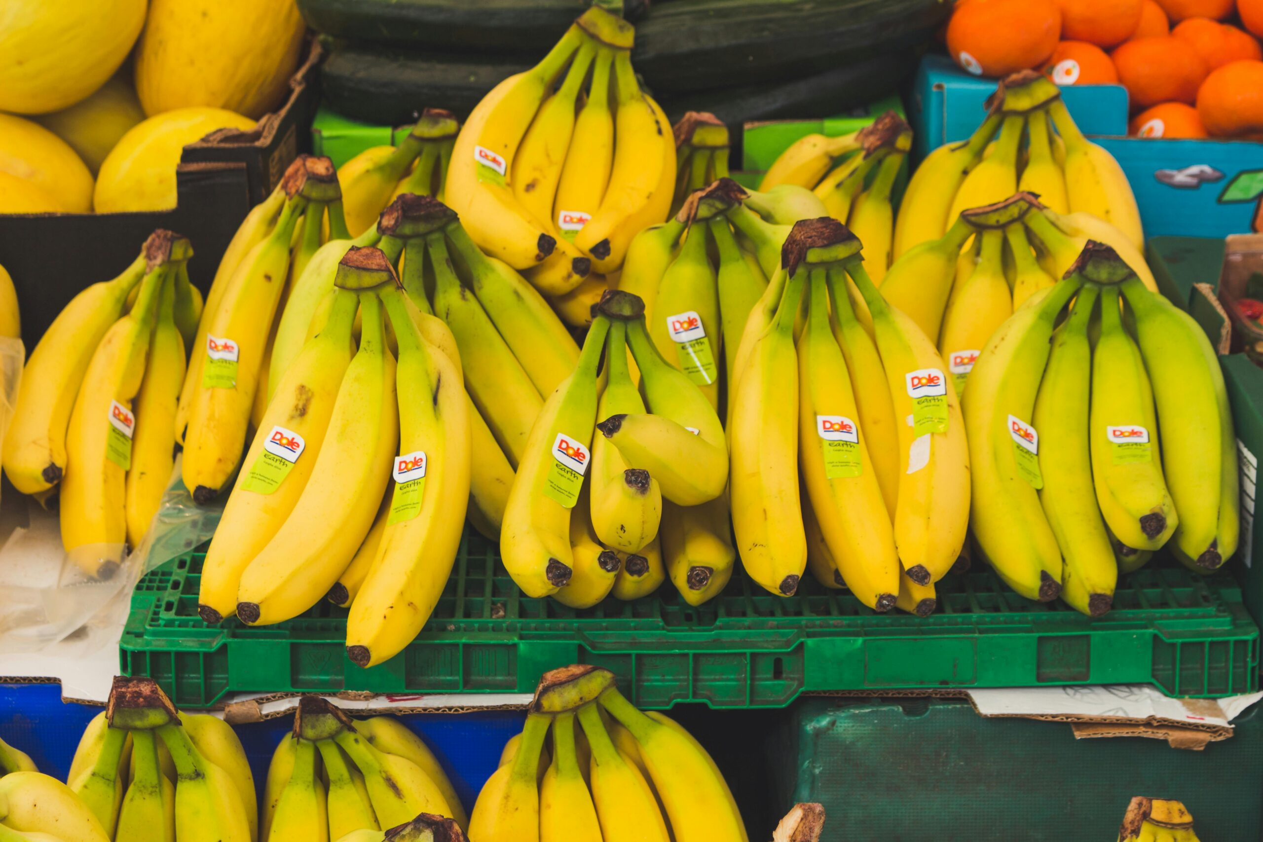 Bunches of bananas on a supermarket shelf
