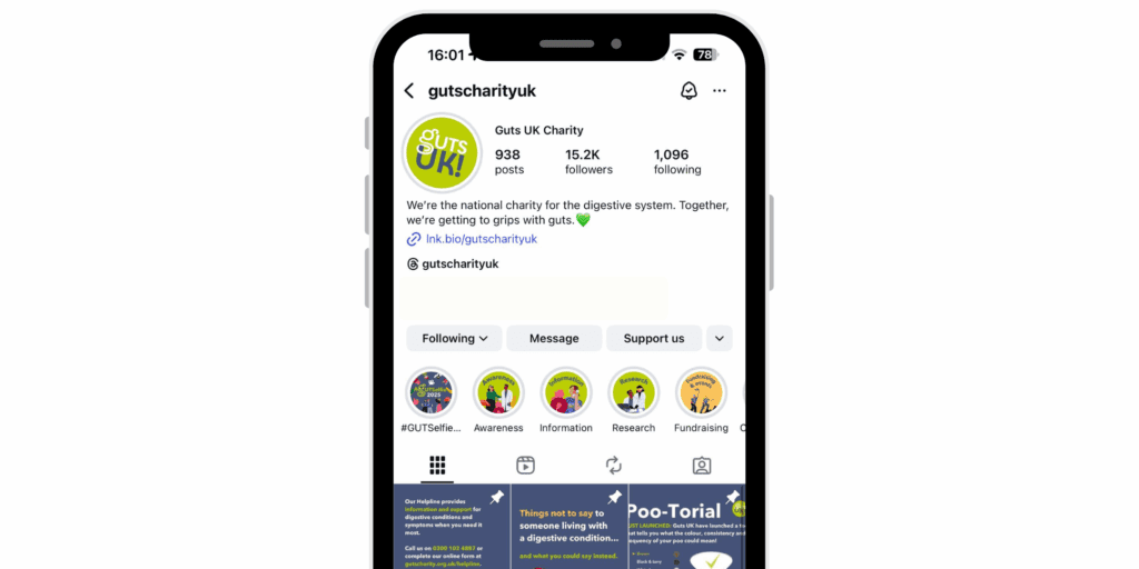 A mock up phone showing Guts UK's Instagram profile